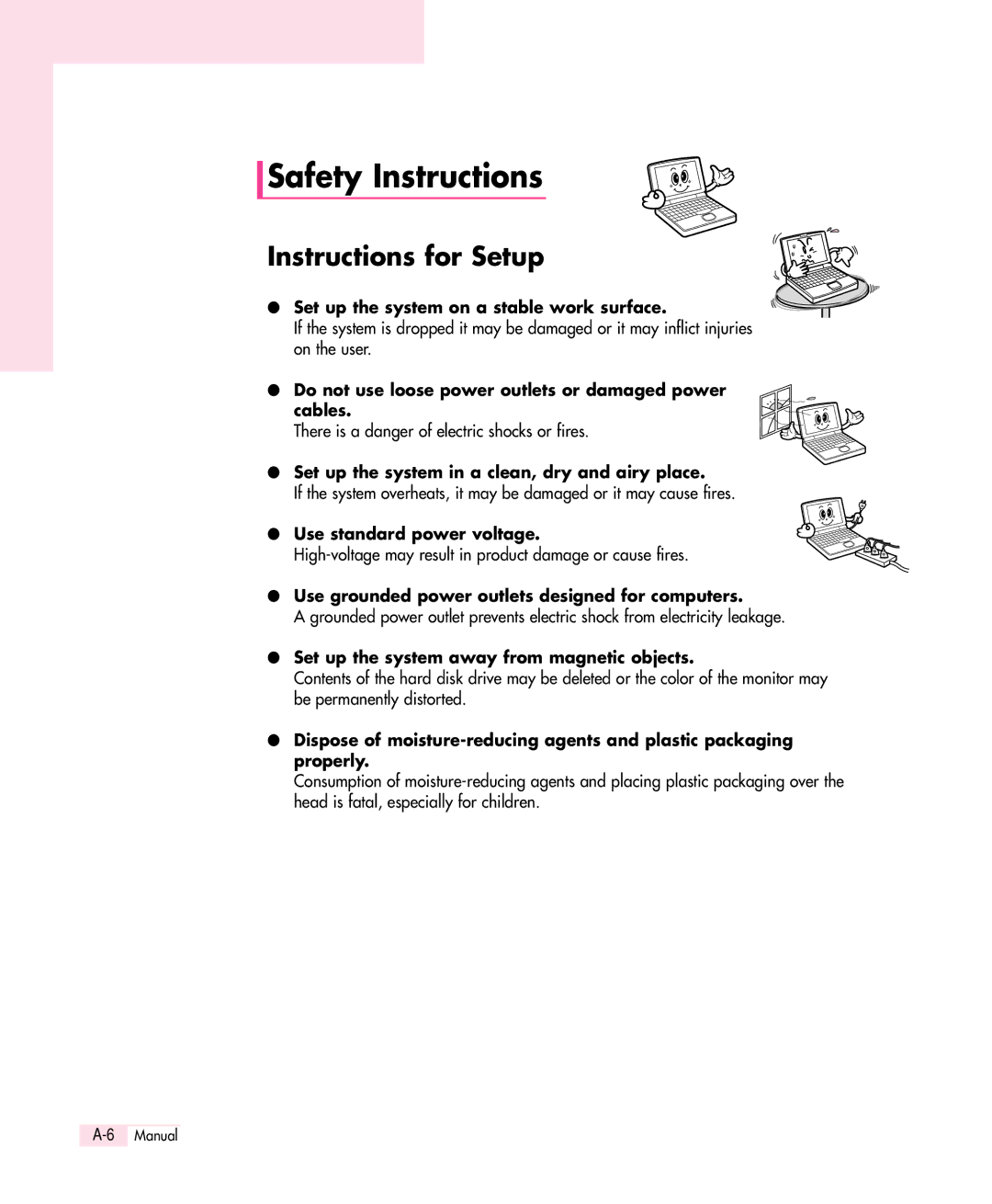 Samsung Q30 manual Safety Instructions, Instructions for Setup 