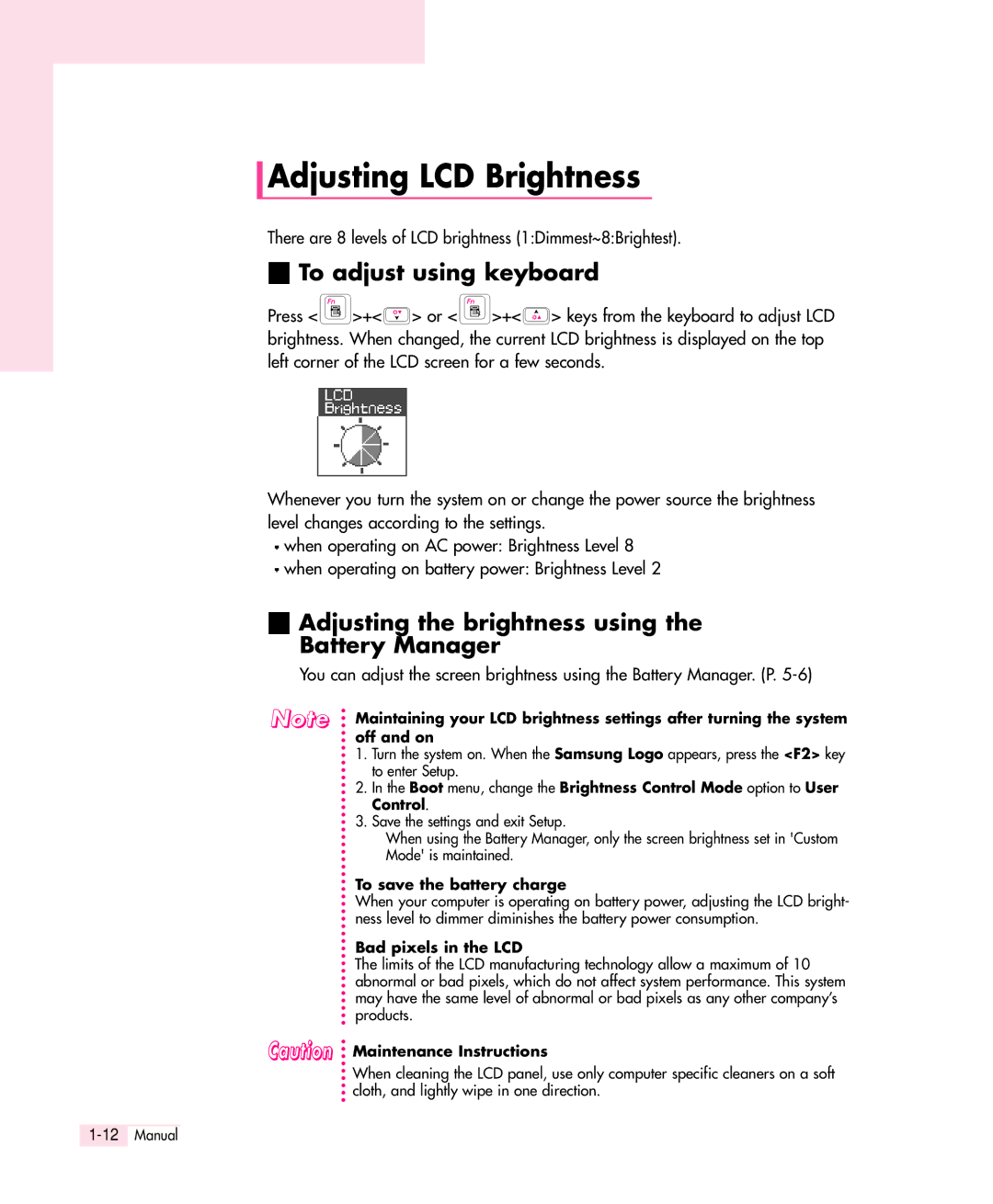 Samsung Q30 manual Adjusting LCD Brightness, To adjust using keyboard, Adjusting the brightness using the Battery Manager 