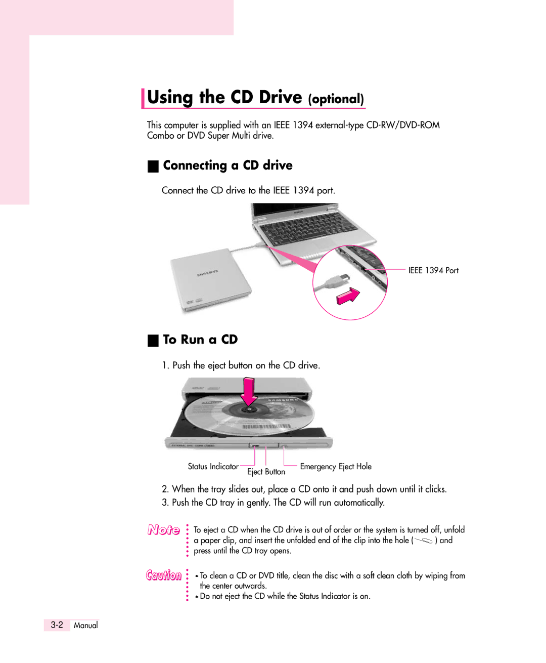 Samsung Q30 Using the CD Drive optional, Connecting a CD drive, To Run a CD, Connect the CD drive to the Ieee 1394 port 