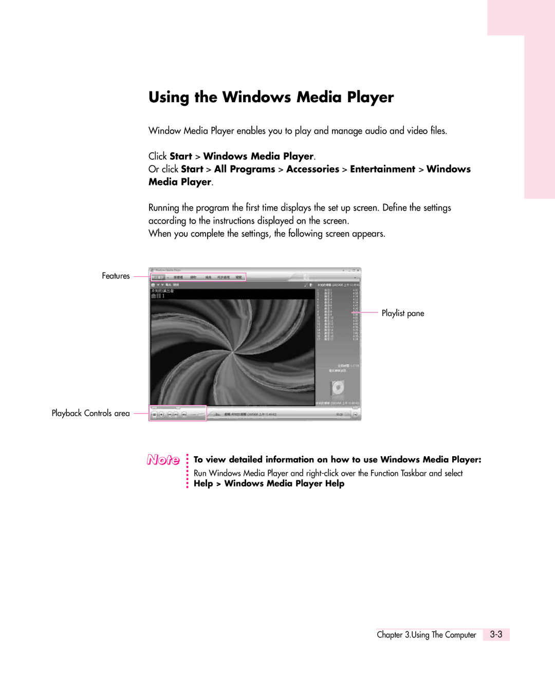 Samsung Q30 manual Using the Windows Media Player, Help Windows Media Player Help 