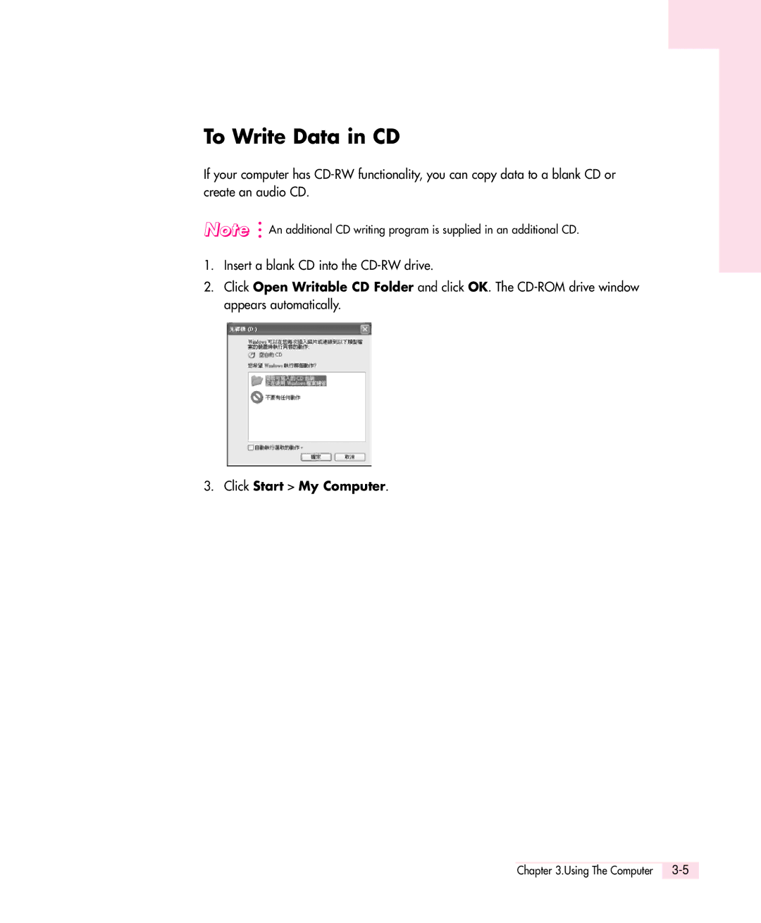 Samsung Q30 manual To Write Data in CD, Click Start My Computer 