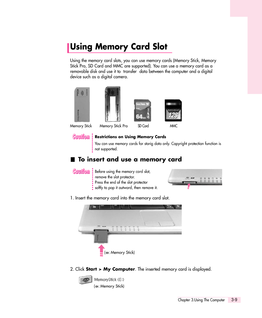 Samsung Q30 Using Memory Card Slot, To insert and use a memory card, Insert the memory card into the memory card slot 