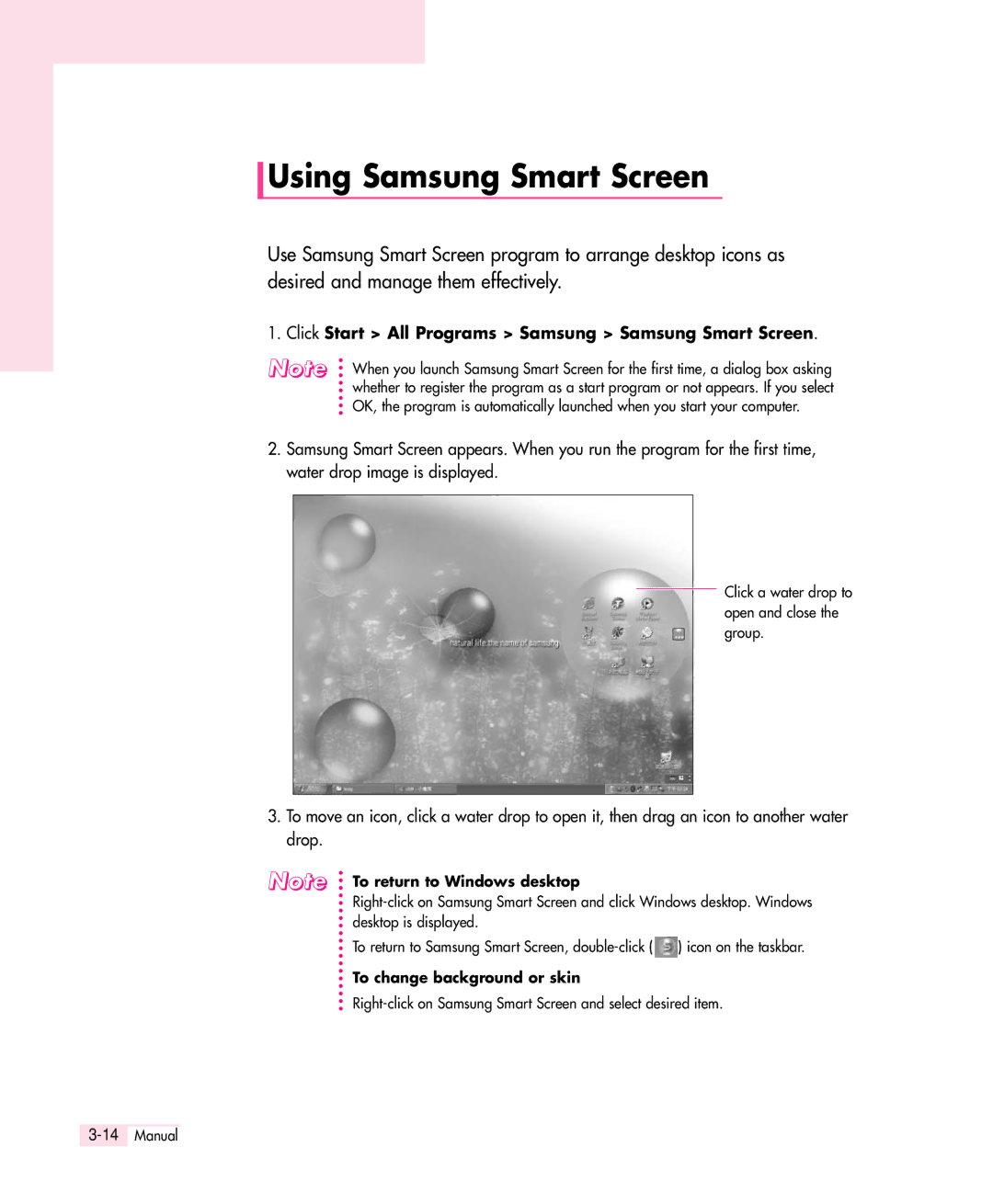 Samsung Q30 manual Using Samsung Smart Screen, Click Start All Programs Samsung Samsung Smart Screen 