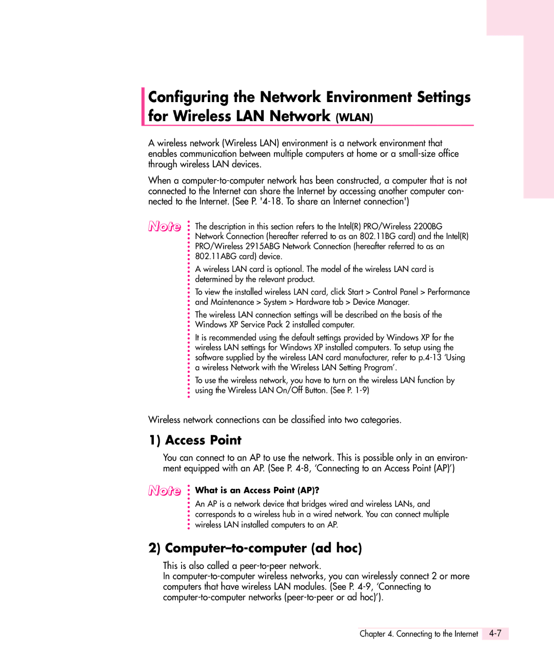 Samsung Q30 manual Access Point, Computer-to-computer ad hoc, This is also called a peer-to-peer network 