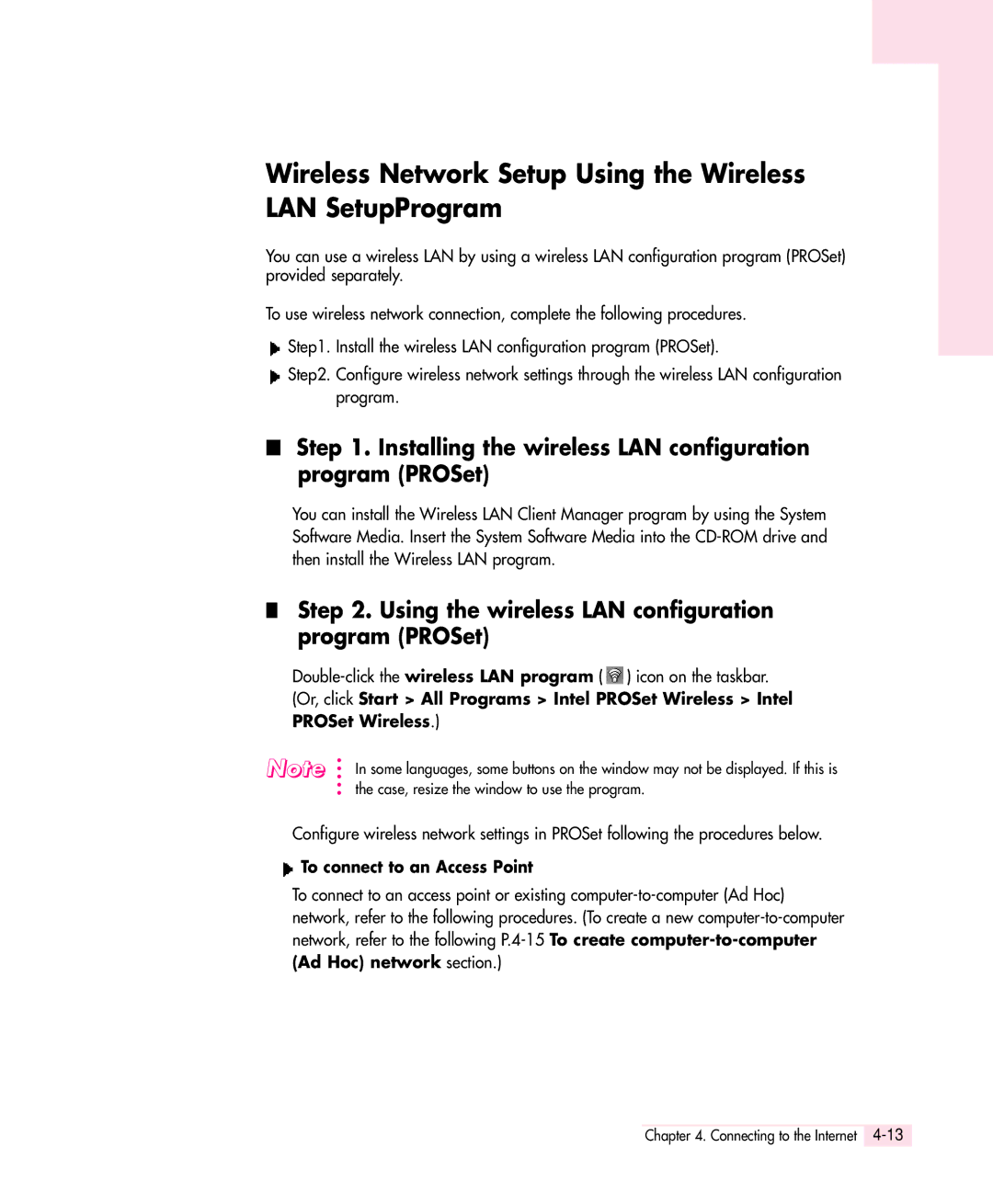 Samsung Q30 manual Wireless Network Setup Using the Wireless LAN SetupProgram, To connect to an Access Point 