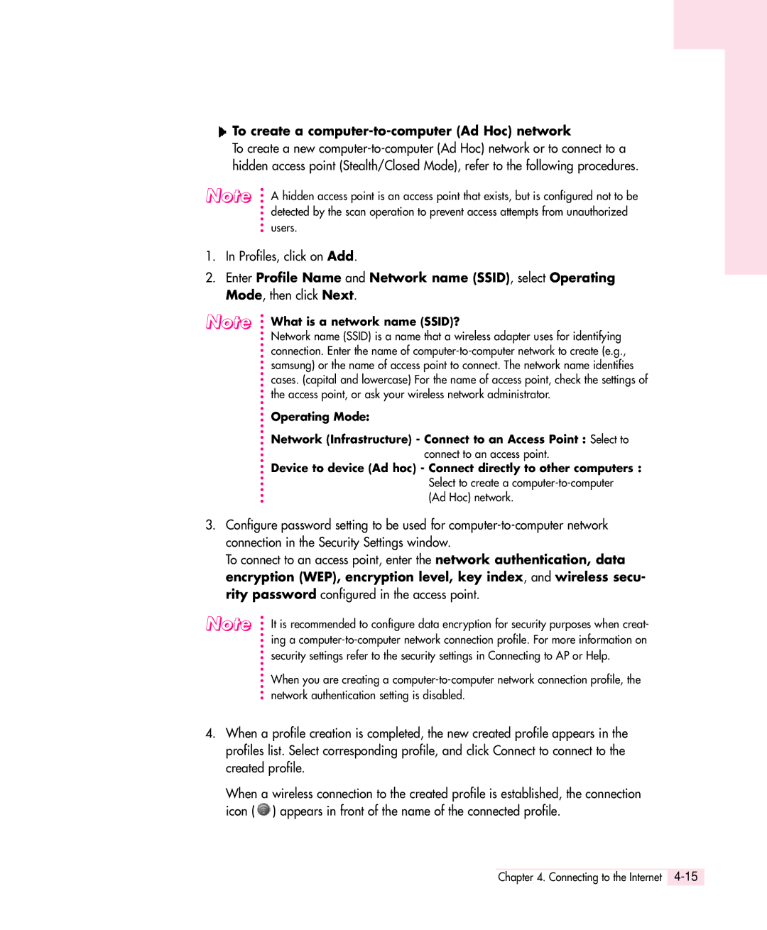 Samsung Q30 manual To create a computer-to-computer Ad Hoc network, Profiles, click on Add 