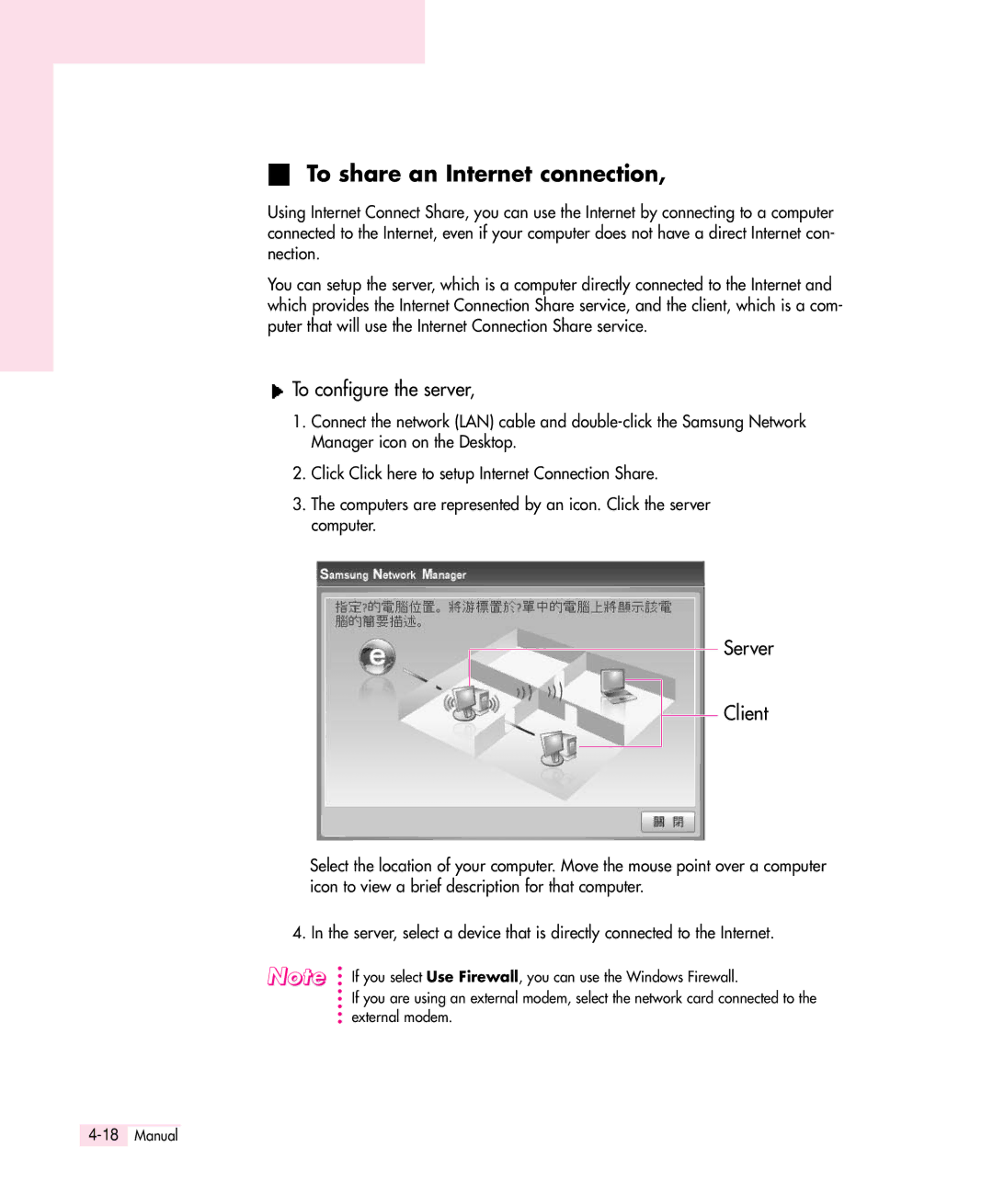 Samsung Q30 manual To share an Internet connection, To configure the server 