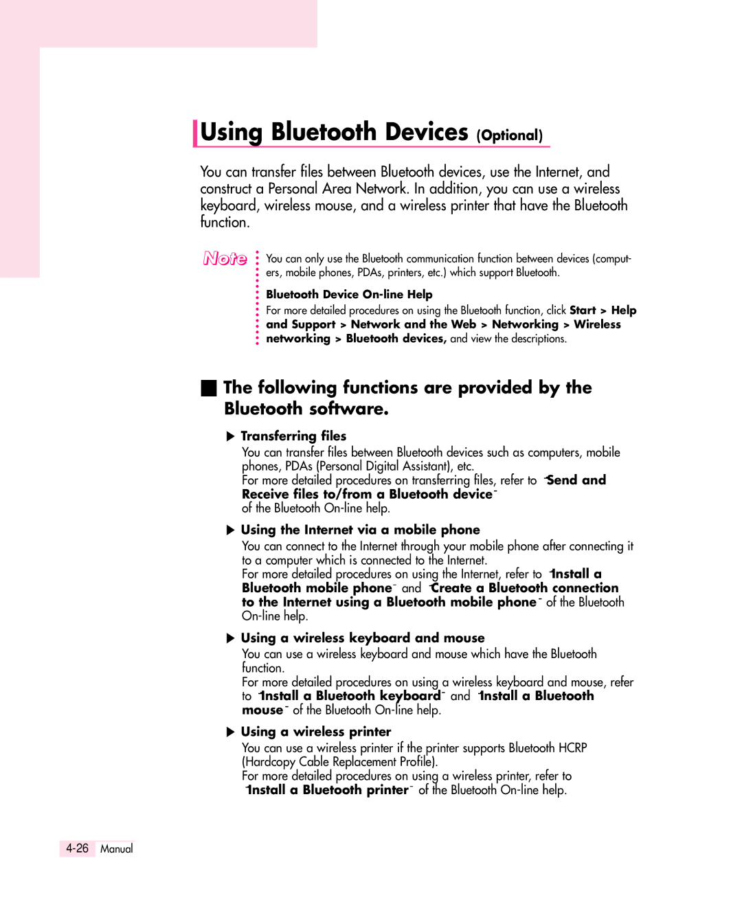 Samsung Q30 manual Using Bluetooth Devices Optional, Following functions are provided by the Bluetooth software 