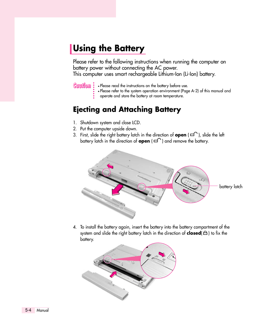 Samsung Q30 manual Using the Battery, Ejecting and Attaching Battery 