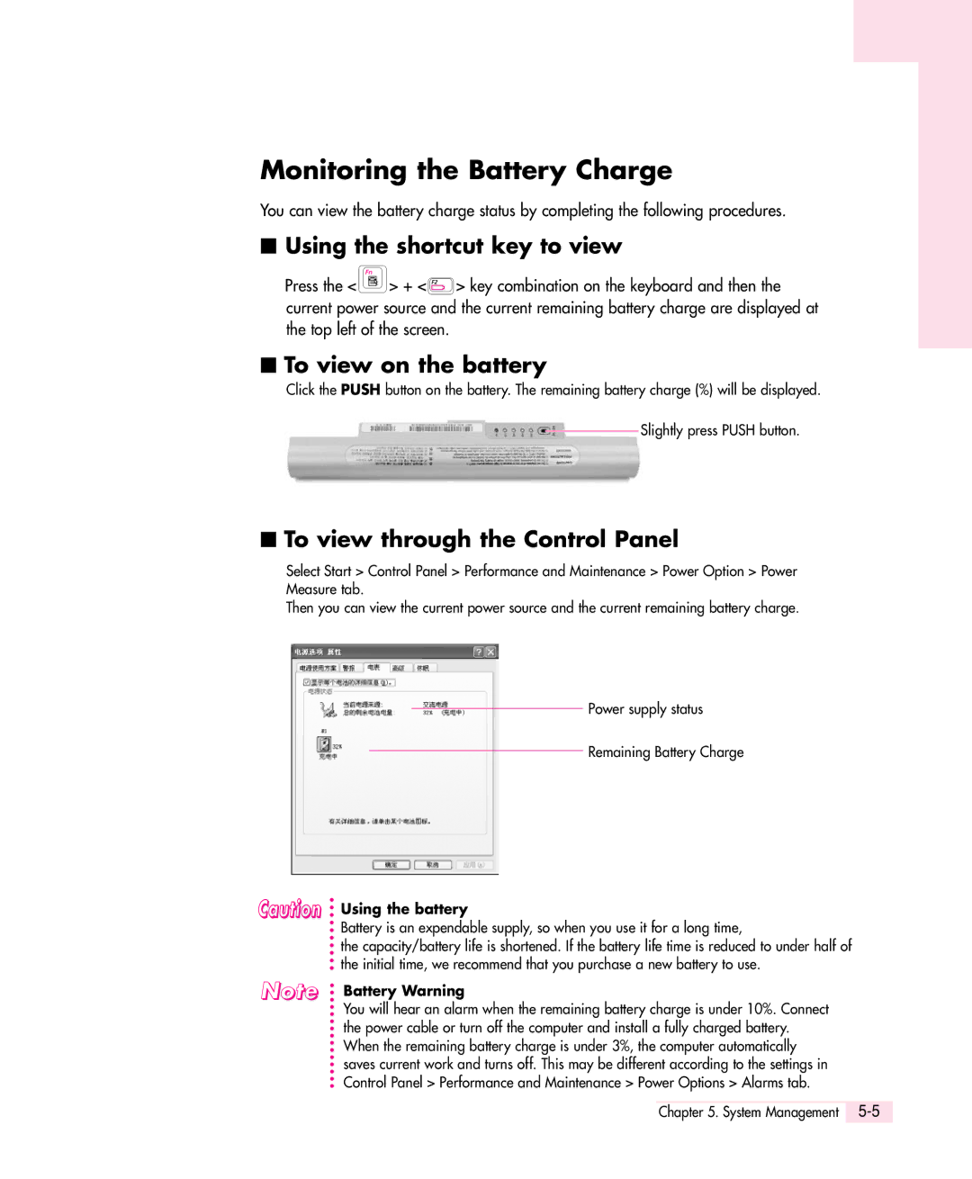 Samsung Q30 manual Monitoring the Battery Charge, Using the shortcut key to view, To view on the battery 