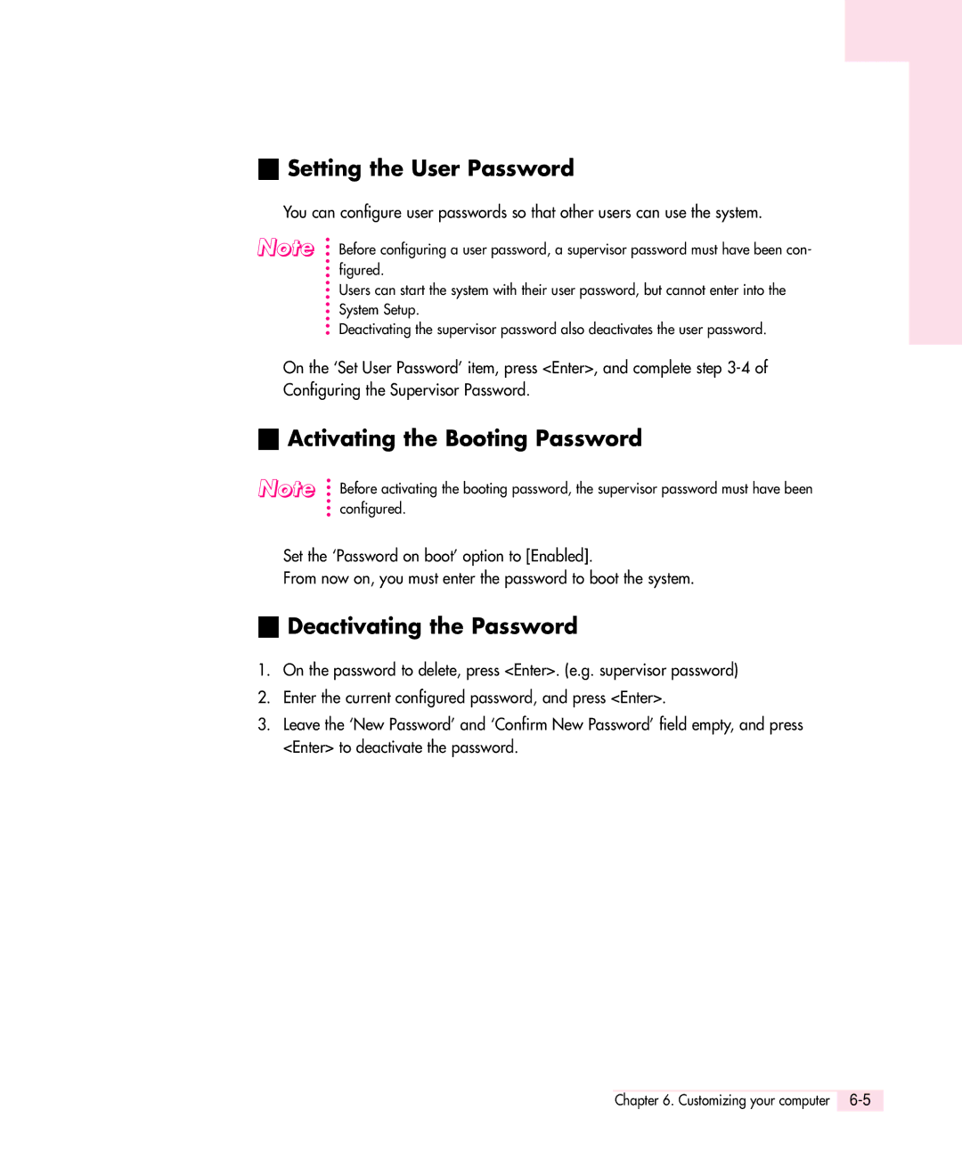 Samsung Q30 manual Setting the User Password, Activating the Booting Password, Deactivating the Password 