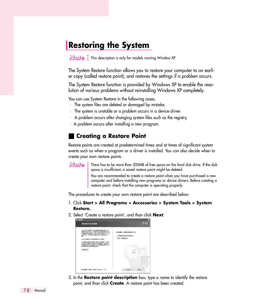 Samsung Q30 manual Restoring the System, Creating a Restore Point, Select ‘Create a restore point’, and than click Next 