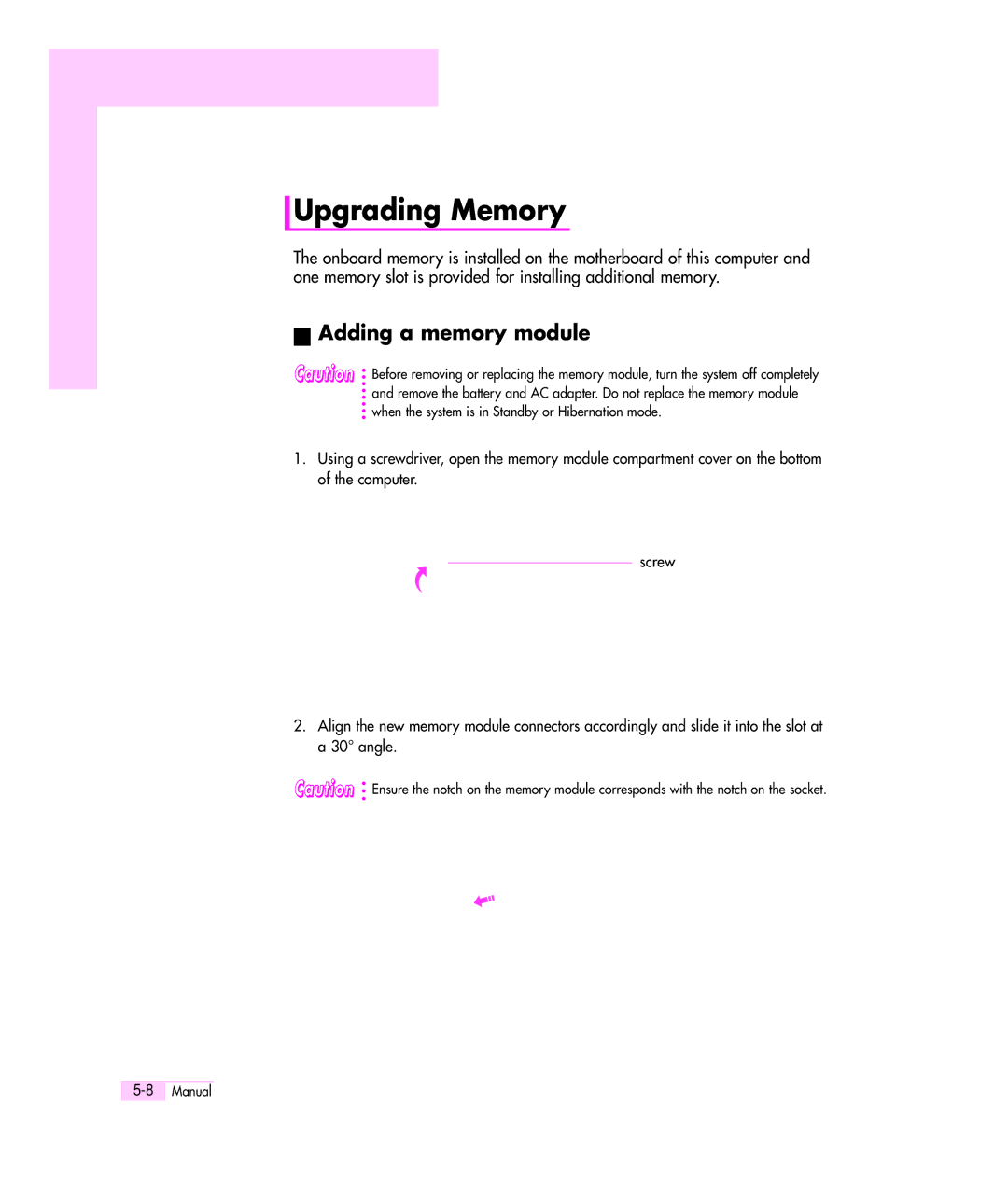 Samsung Q35 manual Upgrading Memory, Adding a memory module 