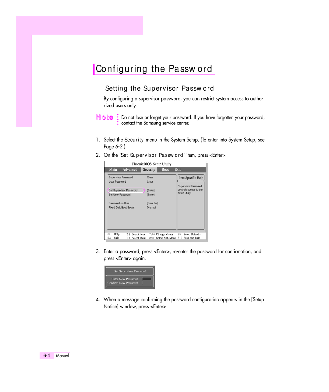 Samsung Q35 manual Configuring the Password, Setting the Supervisor Password 