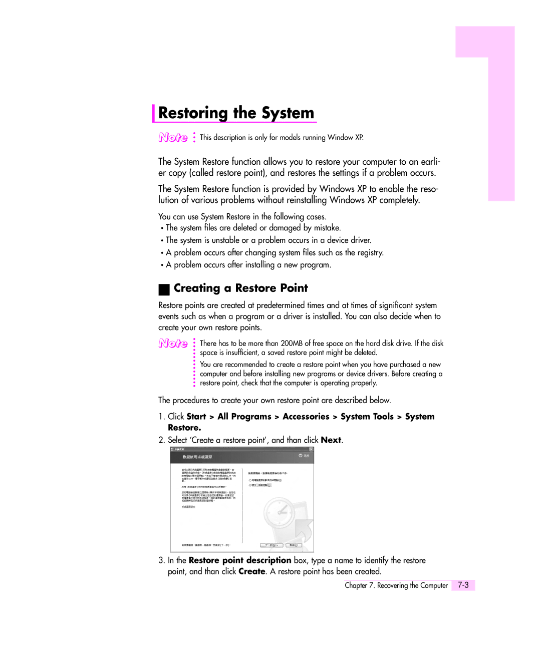 Samsung Q35 manual Restoring the System, Creating a Restore Point, Select ‘Create a restore point’, and than click Next 