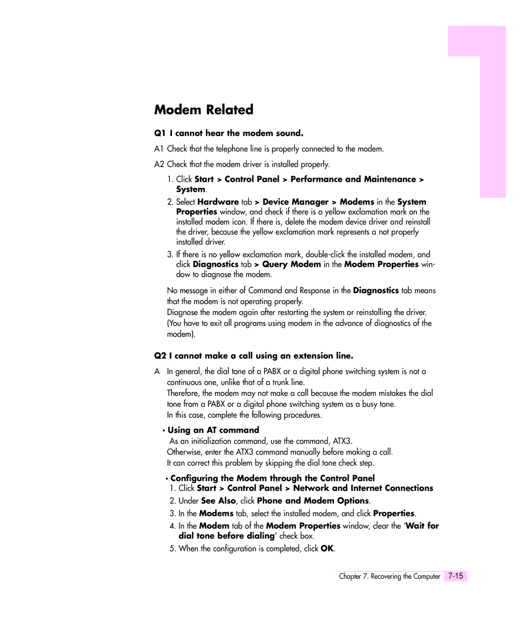 Samsung Q35 manual Modem Related, Q1 I cannot hear the modem sound, Q2 I cannot make a call using an extension line 