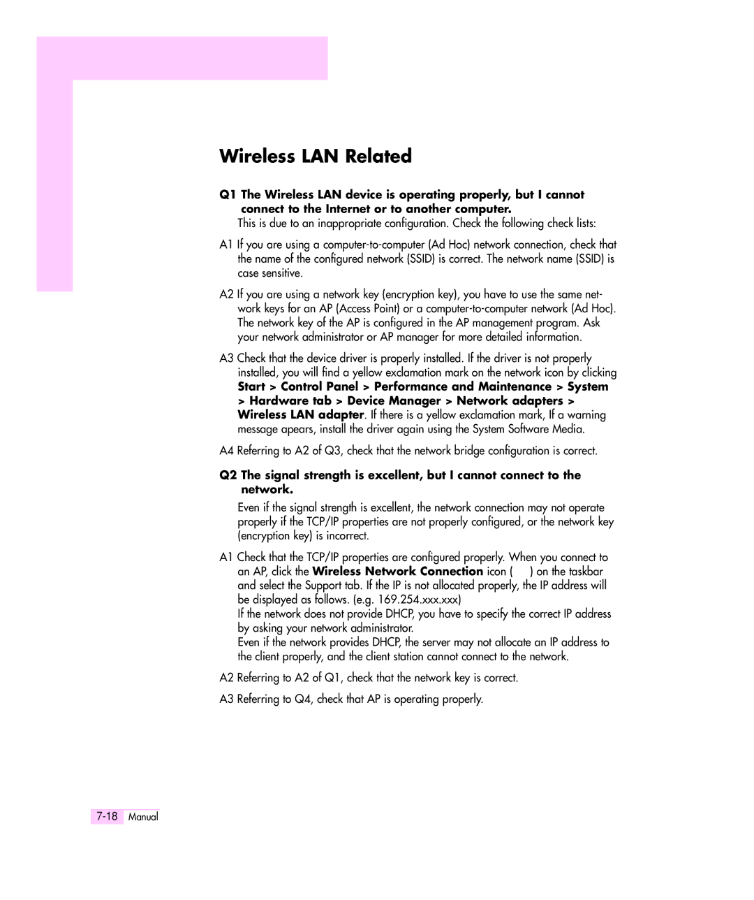 Samsung Q35 manual Wireless LAN Related 