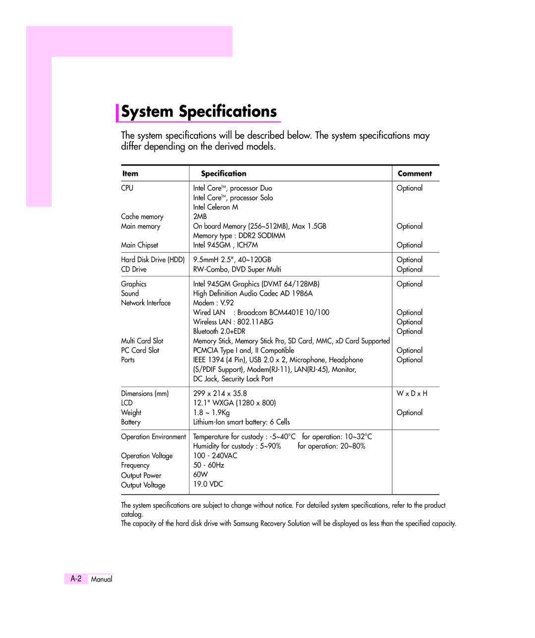 Samsung Q35 manual System Specifications, Specification Comment 