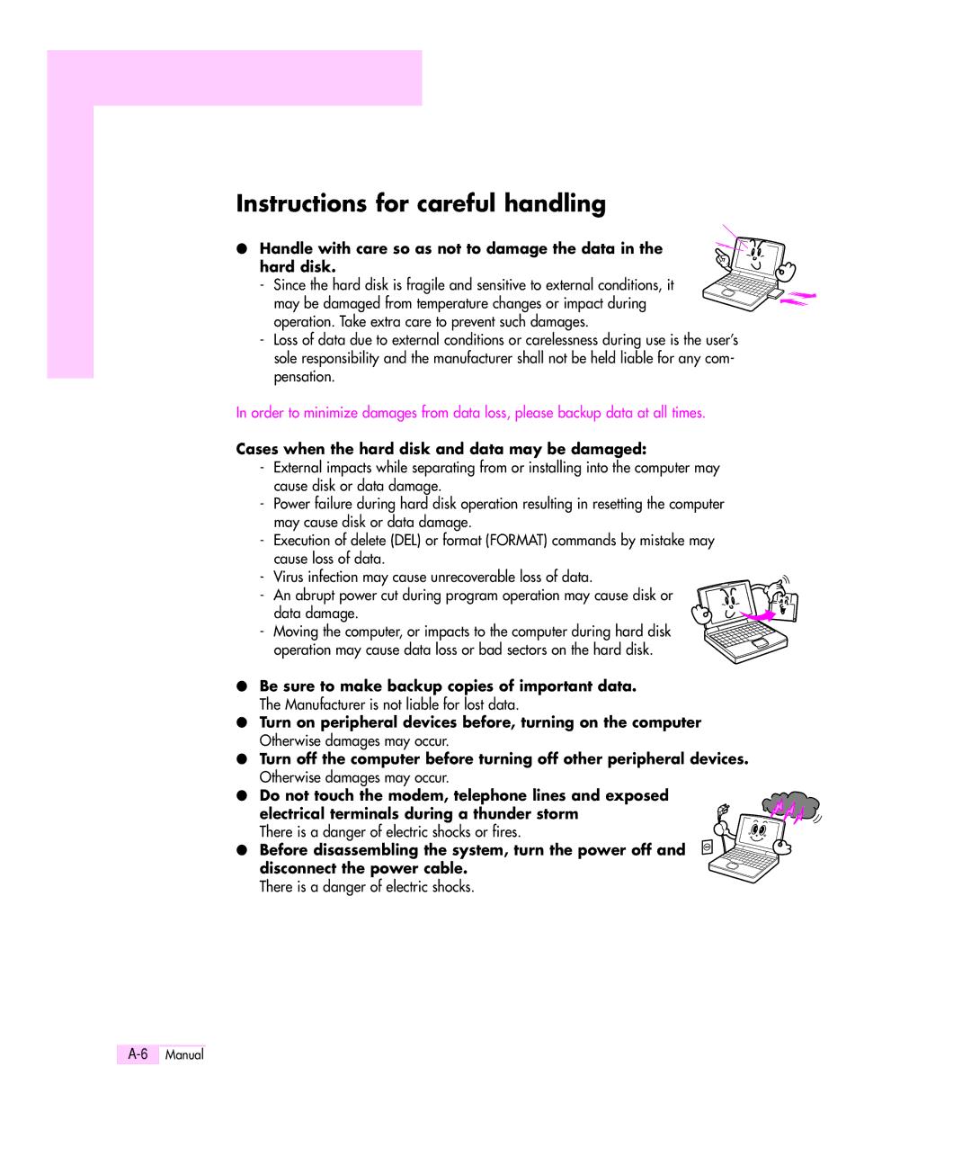 Samsung Q35 manual Instructions for careful handling, Cases when the hard disk and data may be damaged 