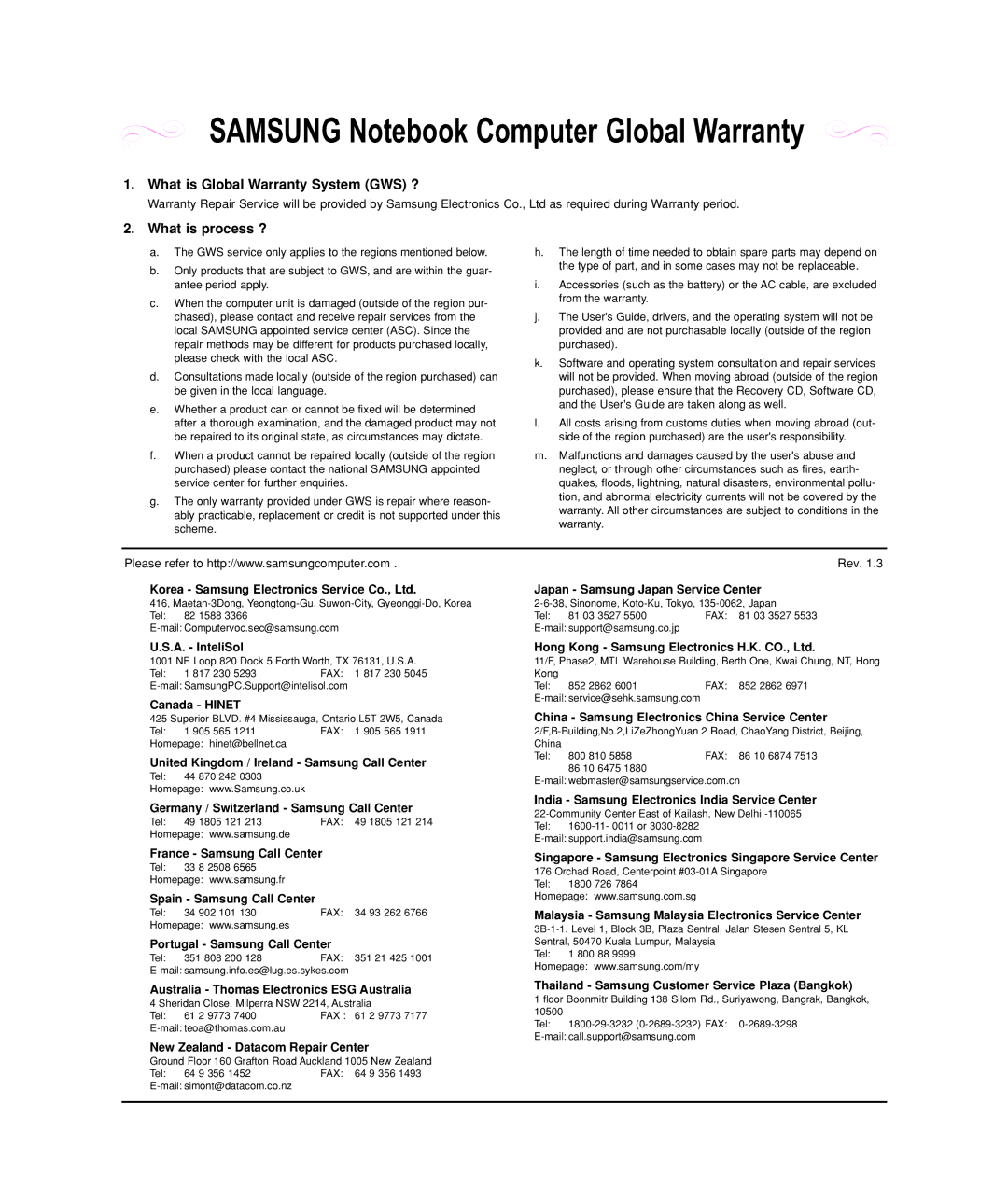 Samsung Q35 manual Samsung Notebook Computer Global Warranty 