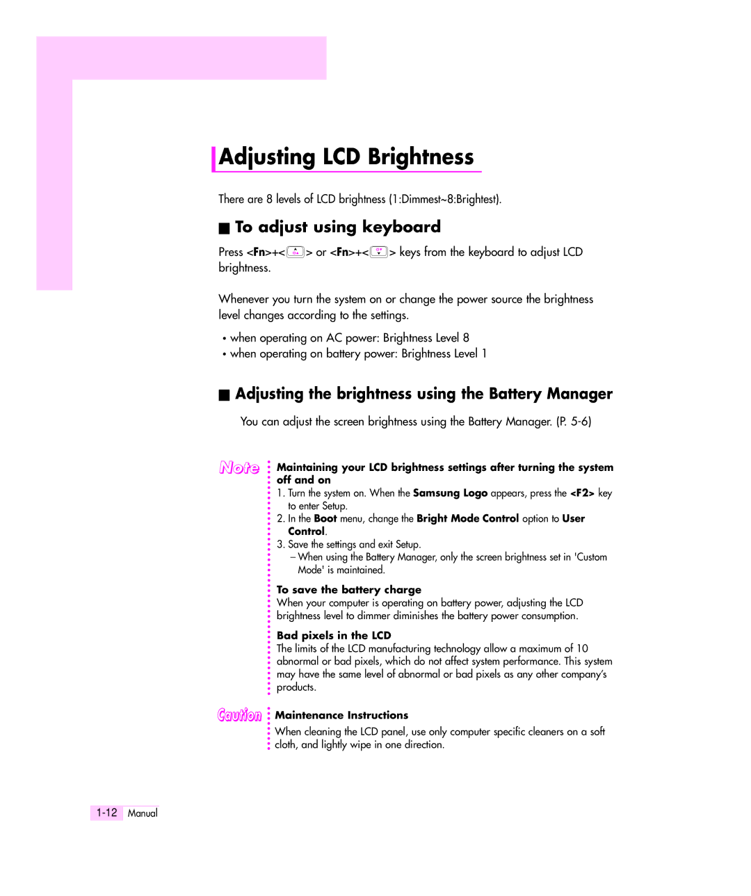 Samsung Q35 manual Adjusting LCD Brightness, To adjust using keyboard, Adjusting the brightness using the Battery Manager 