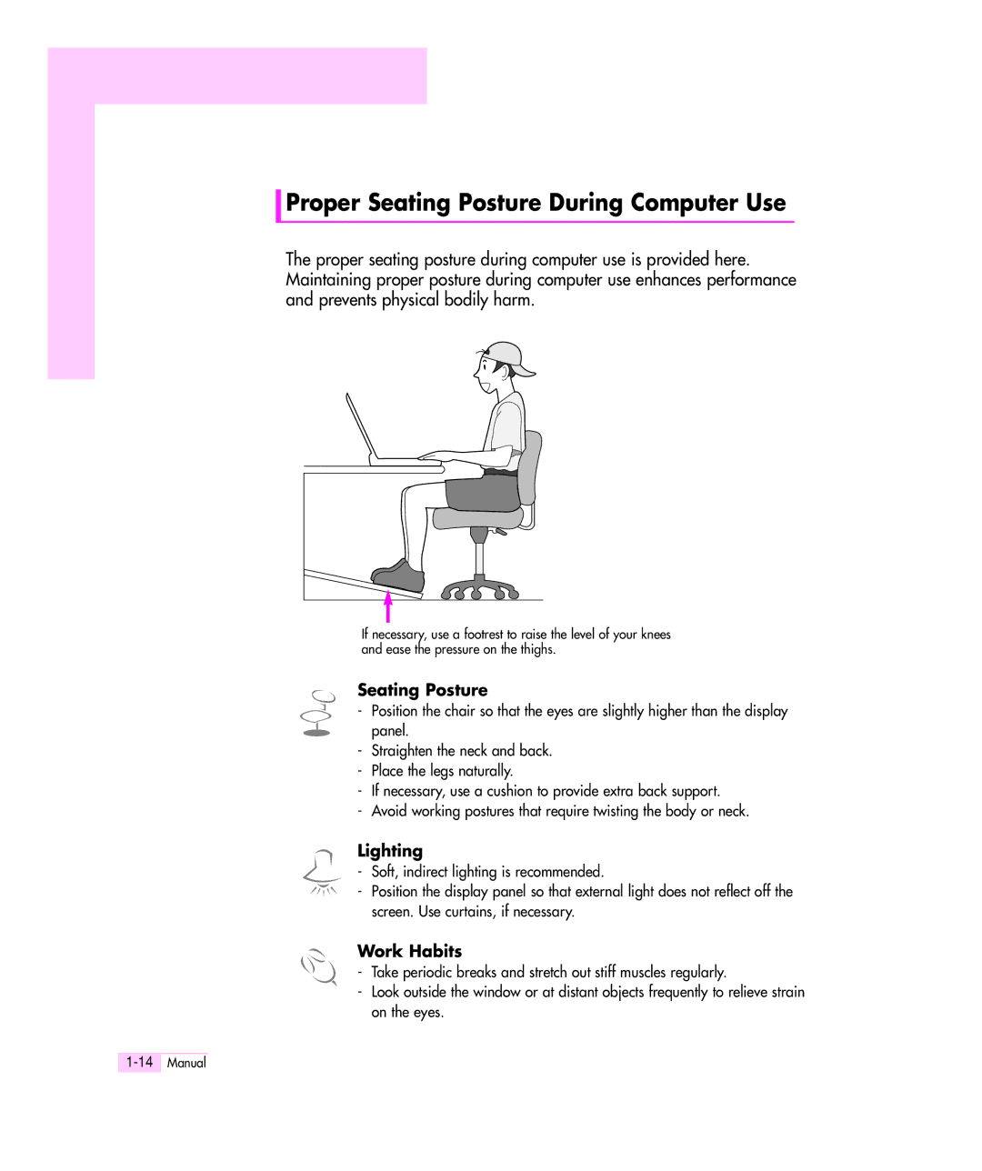 Samsung Q35 manual Proper Seating Posture During Computer Use 