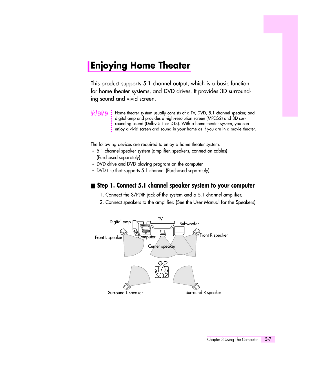 Samsung Q35 manual Enjoying Home Theater, Connect 5.1 channel speaker system to your computer 