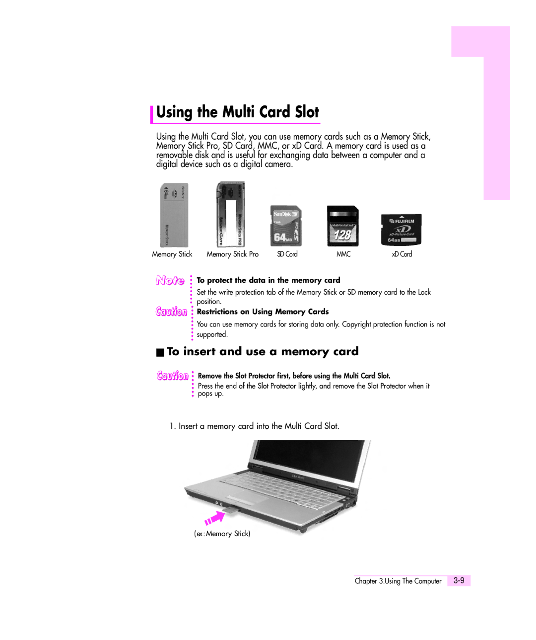 Samsung Q35 Using the Multi Card Slot, To insert and use a memory card, Insert a memory card into the Multi Card Slot 