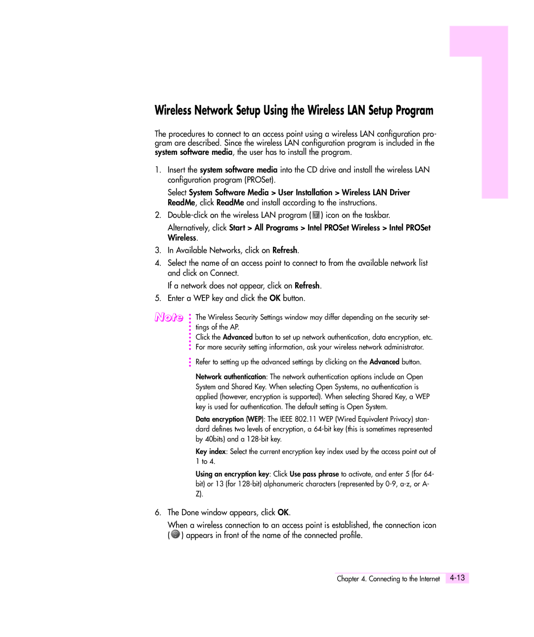 Samsung Q35 manual Wireless Network Setup Using the Wireless LAN Setup Program, Done window appears, click OK 