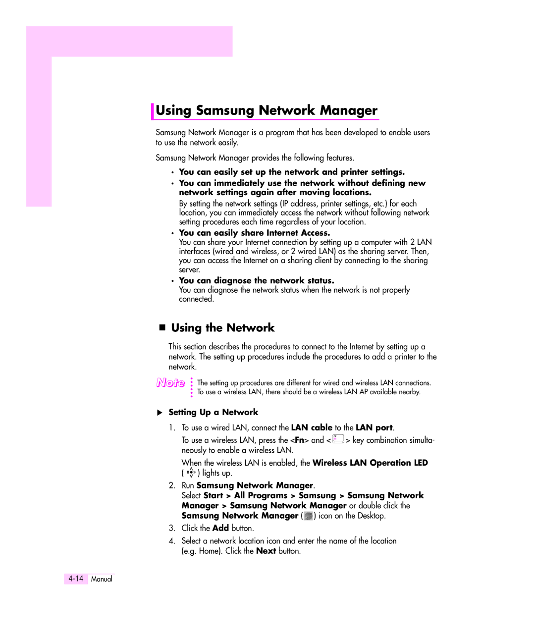 Samsung Q35 Using Samsung Network Manager, Using the Network, You can easily share Internet Access, Setting Up a Network 