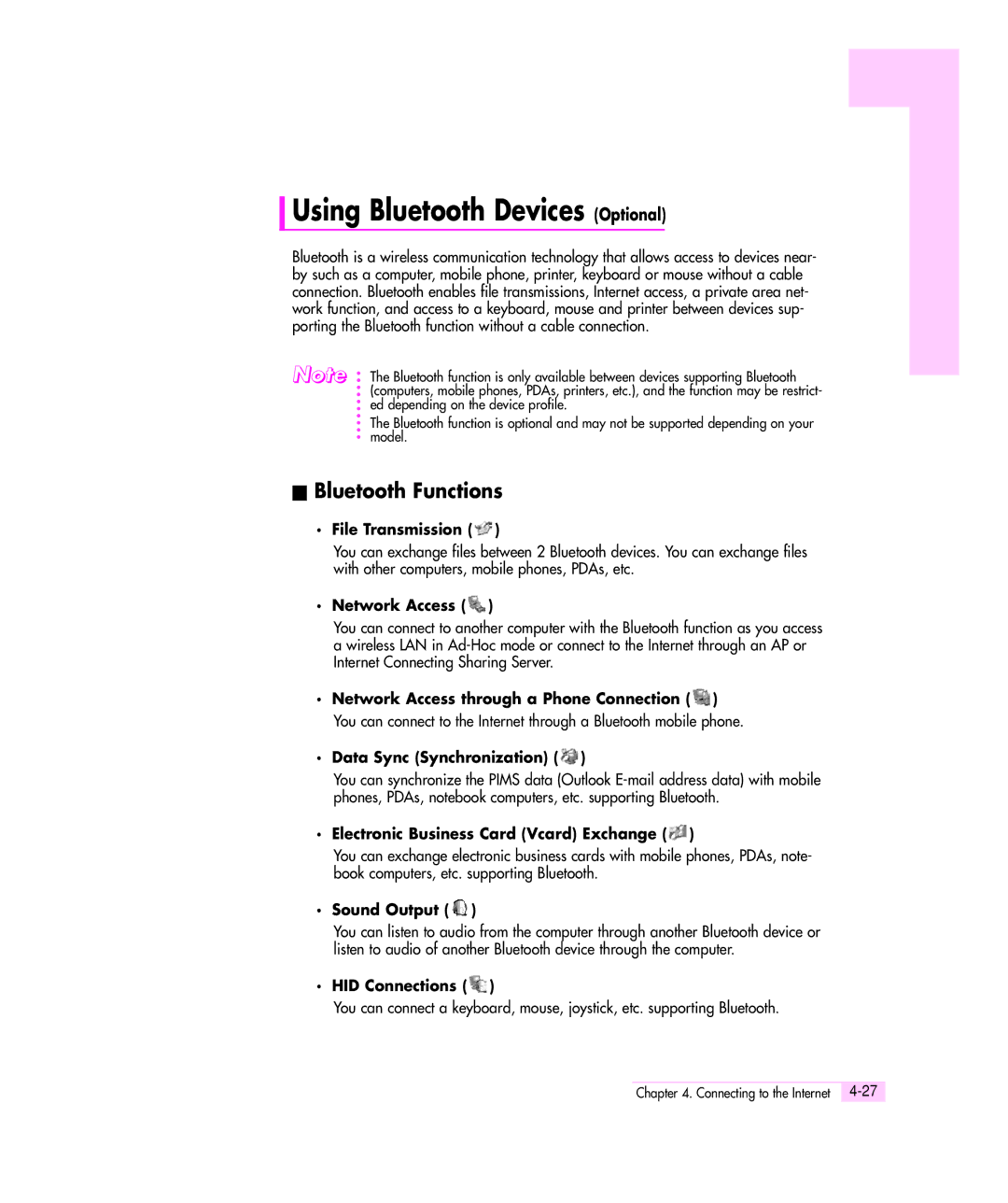 Samsung Q35 manual Using Bluetooth Devices Optional, Bluetooth Functions 