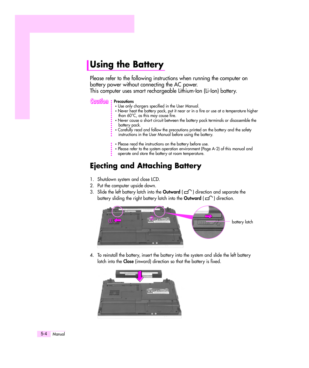Samsung Q35 manual Using the Battery, Ejecting and Attaching Battery 