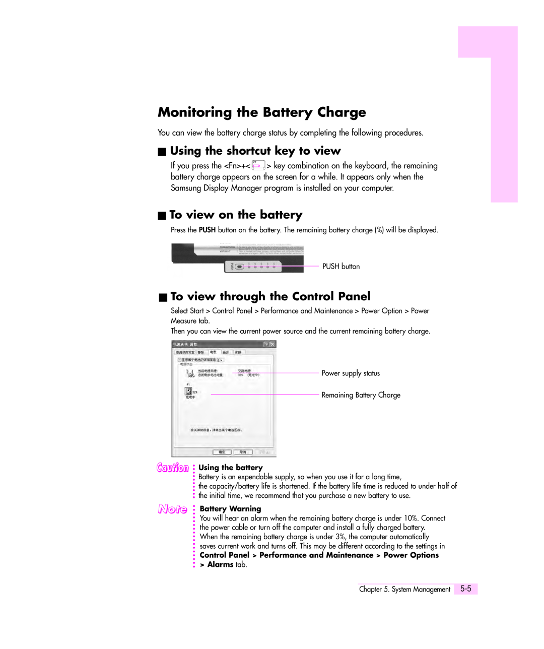 Samsung Q35 manual Monitoring the Battery Charge, Using the shortcut key to view, To view on the battery, Using the battery 
