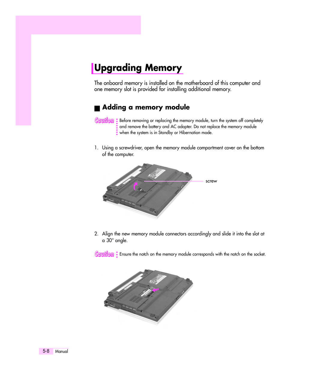 Samsung Q35 manual Upgrading Memory, Adding a memory module 