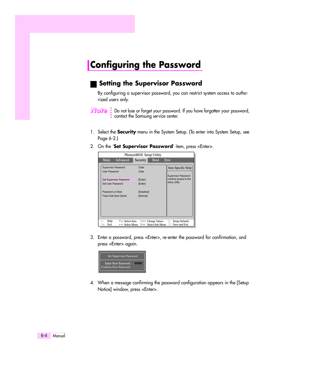 Samsung Q35 manual Configuring the Password, Setting the Supervisor Password 