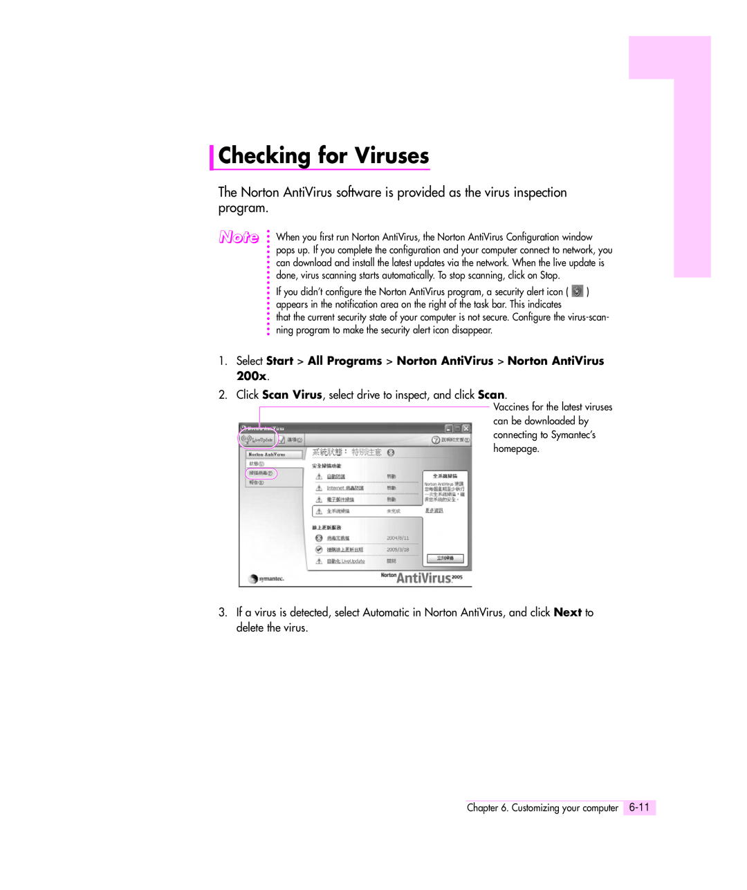 Samsung Q35 manual Checking for Viruses, Select Start All Programs Norton AntiVirus Norton AntiVirus 