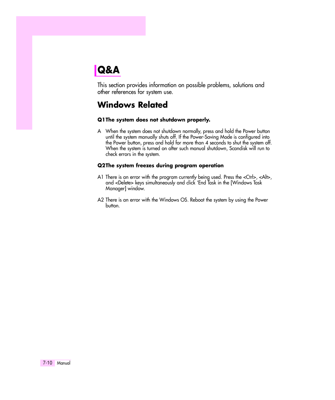 Samsung Q35 manual Windows Related, Q1The system does not shutdown properly, Q2The system freezes during program operation 