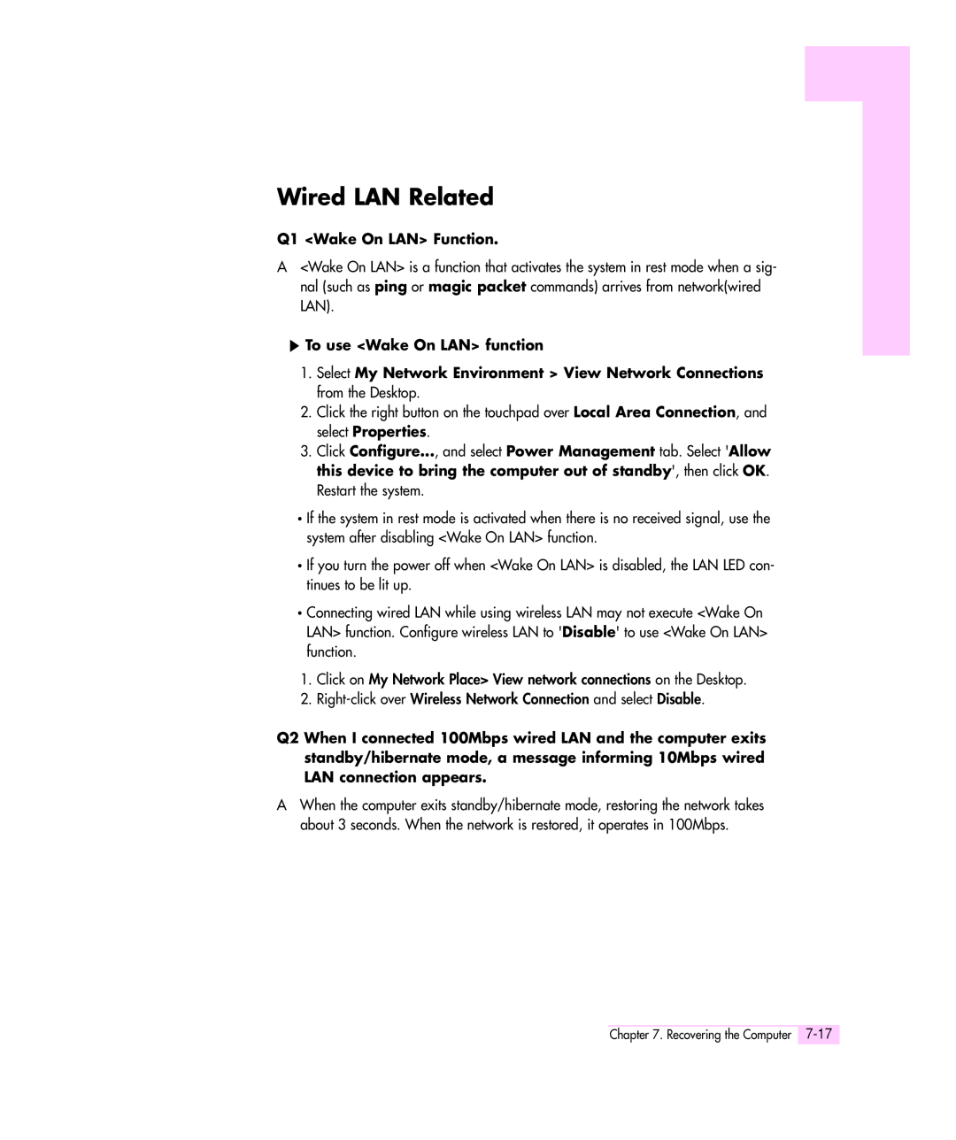 Samsung Q35 manual Wired LAN Related, Q1 Wake On LAN Function, To use Wake On LAN function 