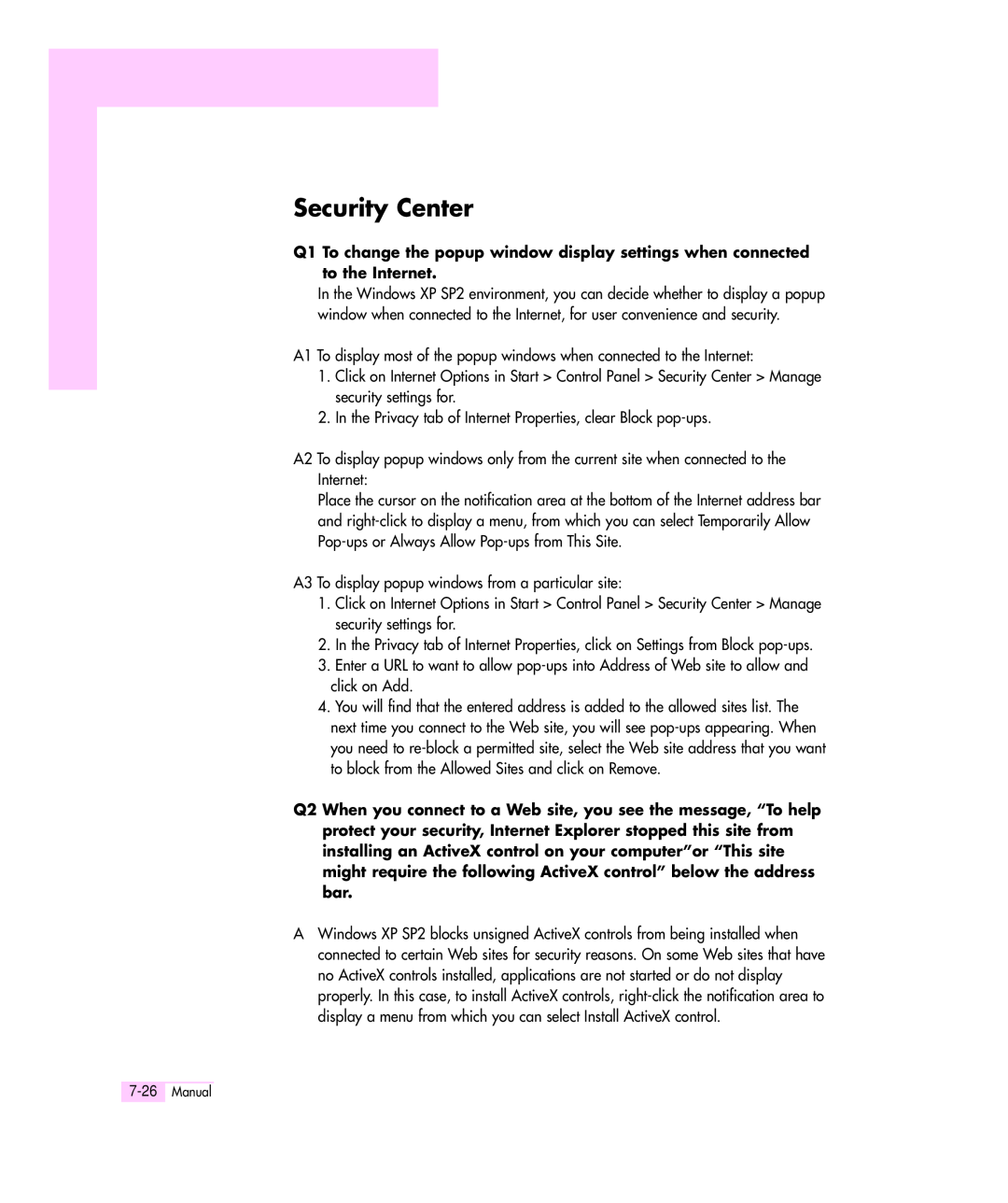 Samsung Q35 manual Security Center, Q2 When you connect to a Web site, you see the message, “To help 