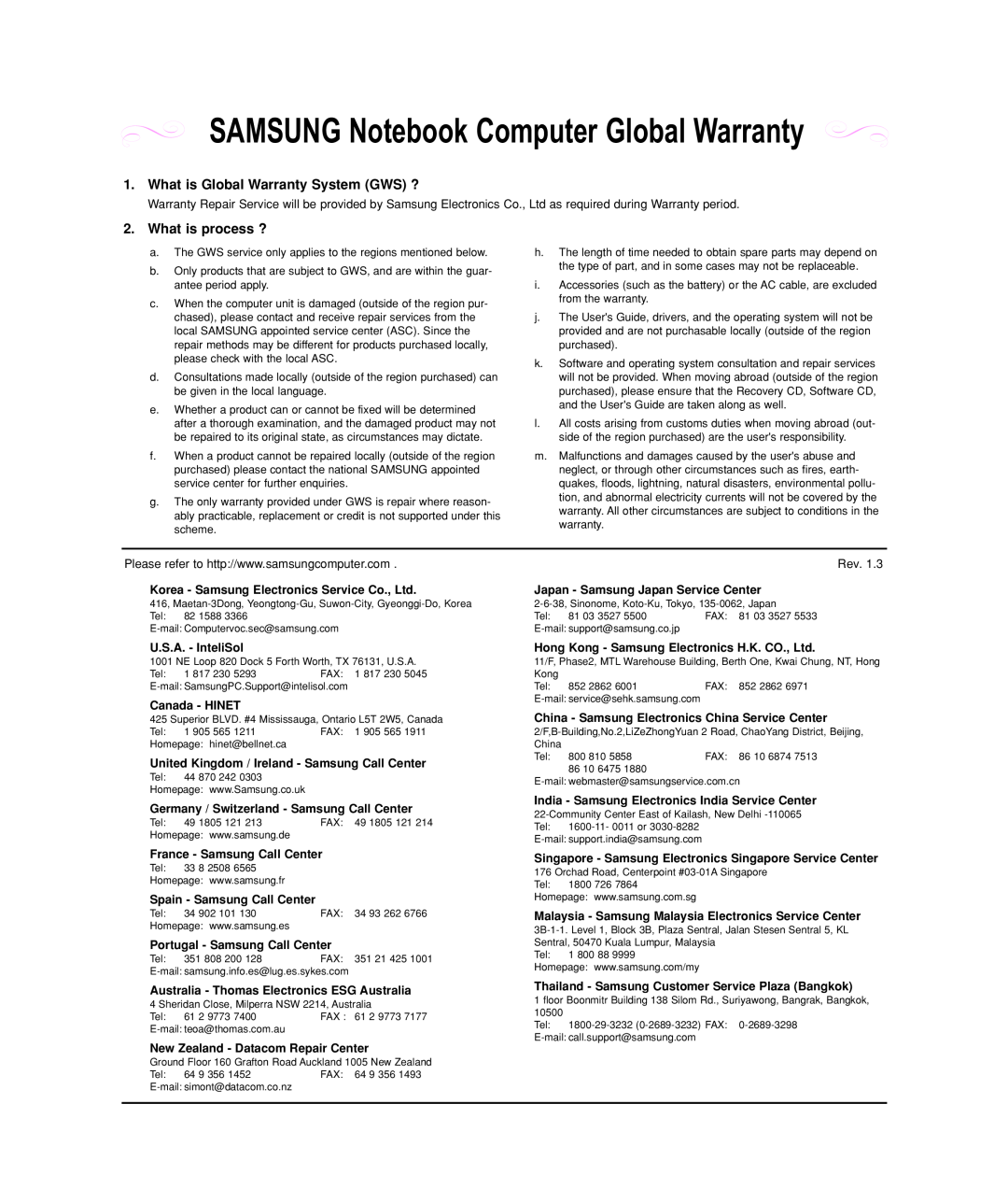 Samsung Q35 manual SAMSUNG Notebook Computer Global Warranty, What is Global Warranty System GWS ?, What is process ? 