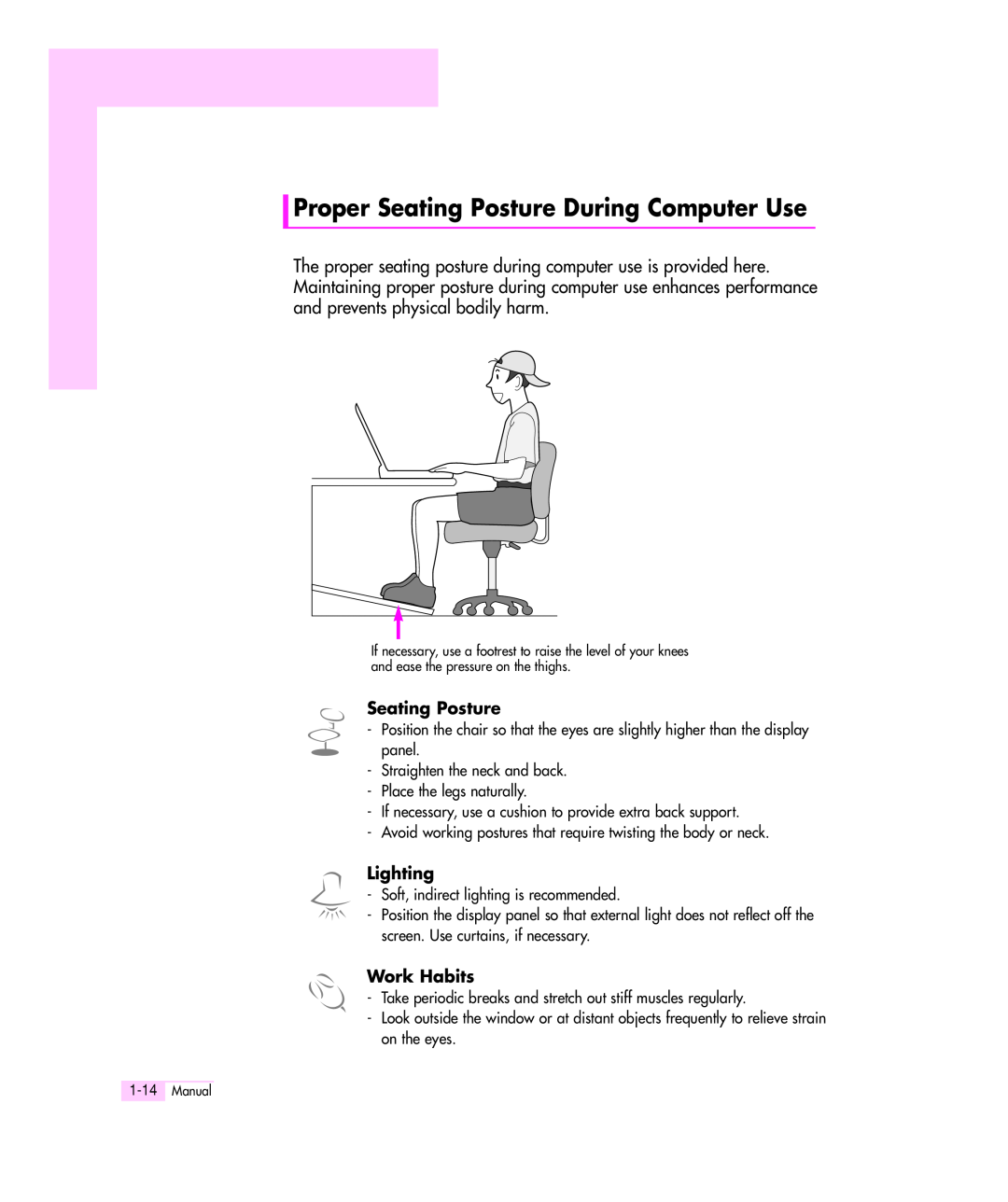 Samsung Q35 manual Proper Seating Posture During Computer Use, Lighting, Work Habits 