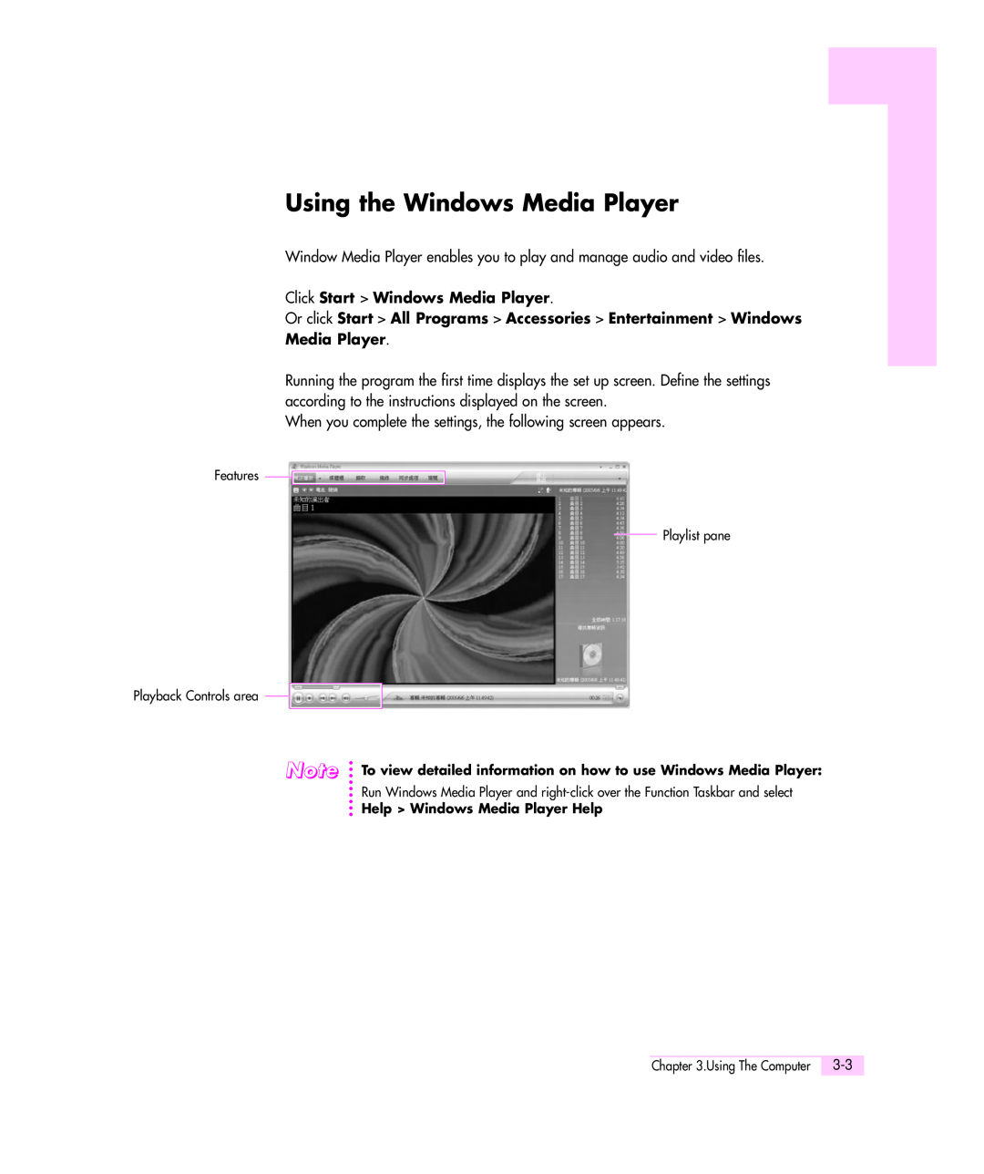 Samsung Q35 manual Using the Windows Media Player, Click Start Windows Media Player 