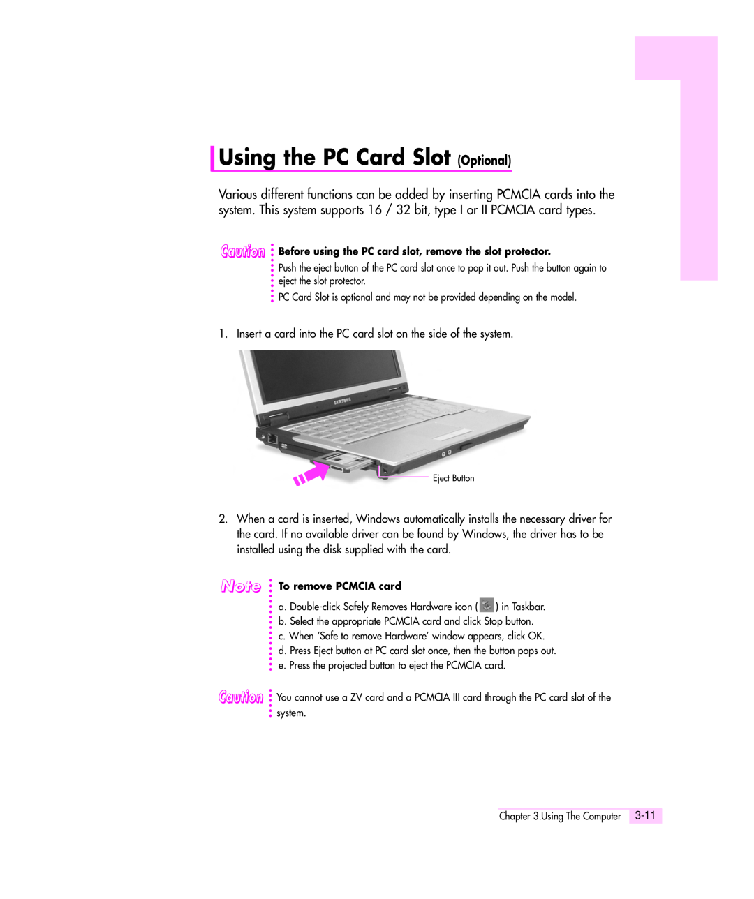 Samsung Q35 manual Using the PC Card Slot Optional 