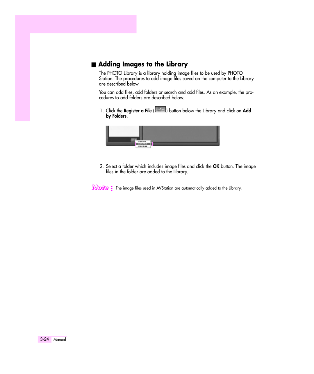 Samsung Q35 manual Adding Images to the Library, Manual 