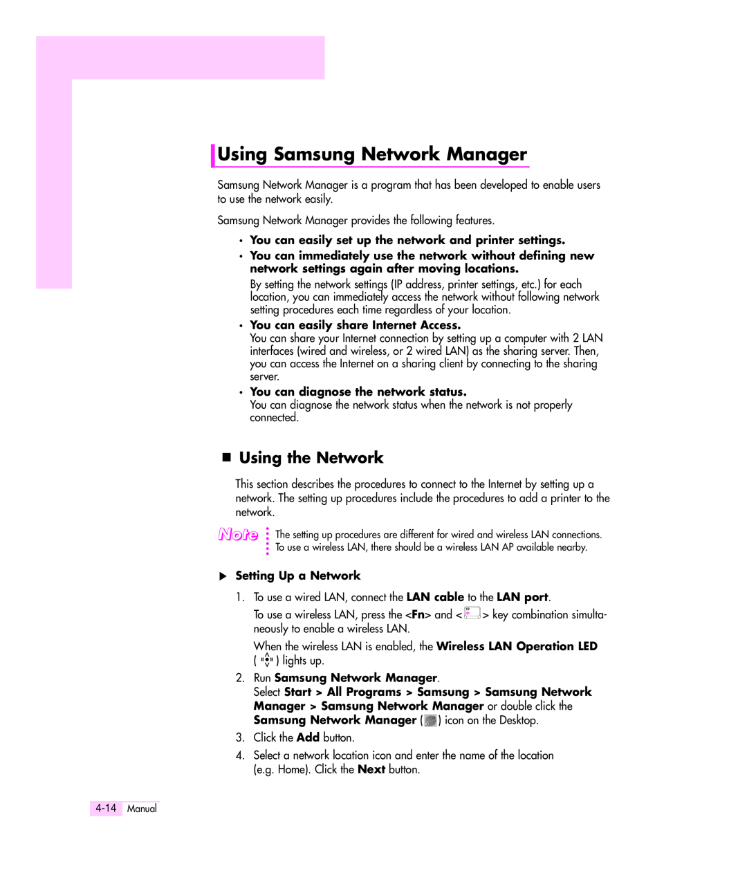 Samsung Q35 manual Using Samsung Network Manager, Using the Network, You can easily set up the network and printer settings 