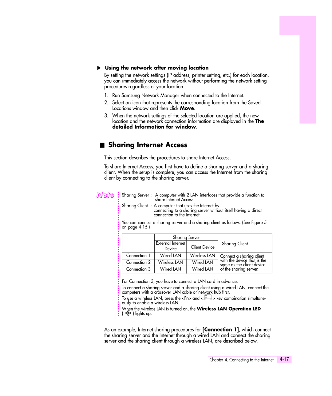 Samsung Q35 manual Sharing Internet Access, Using the network after moving location 