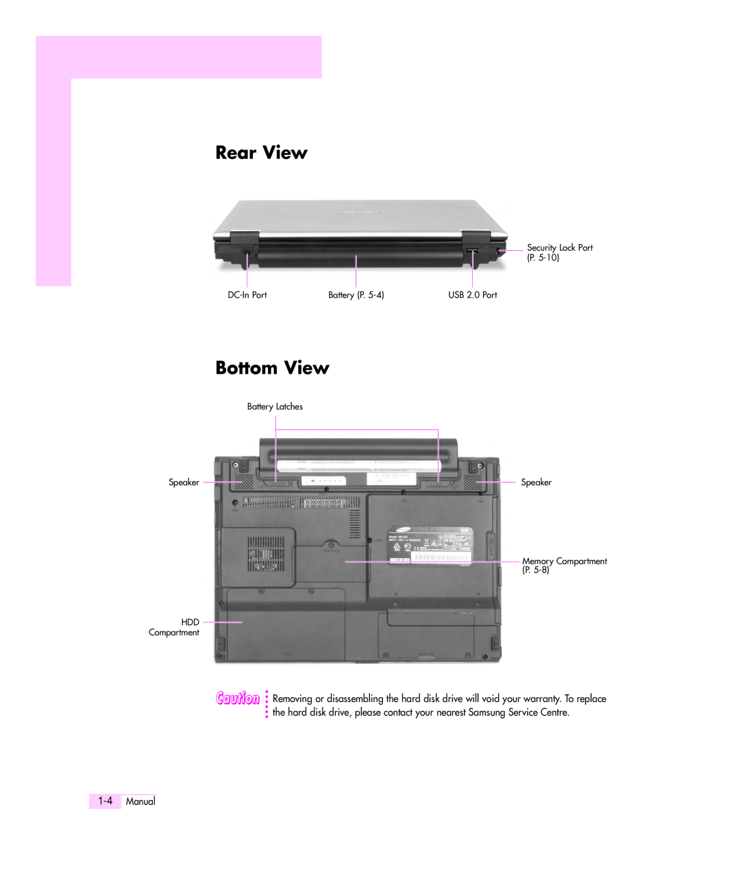 Samsung Q35 manual Rear View, Bottom View, DC-In Port, Battery Latches Speaker HDD Compartment, Battery P 