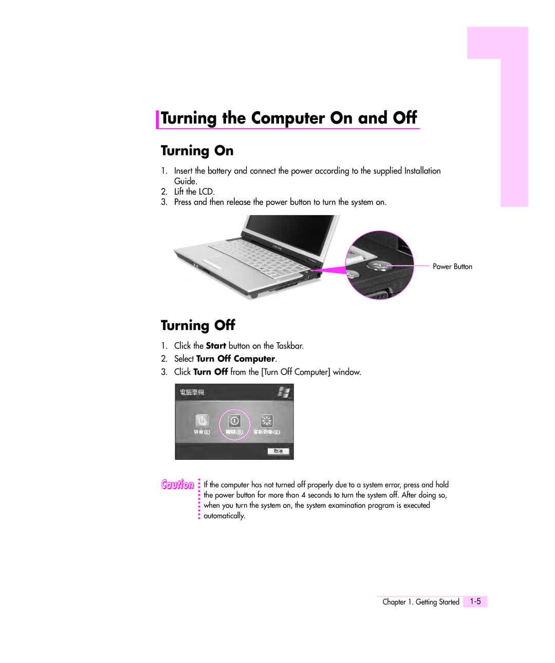 Samsung Q35 manual Turning the Computer On and Off, Turning On, Turning Off, Select Turn Off Computer 