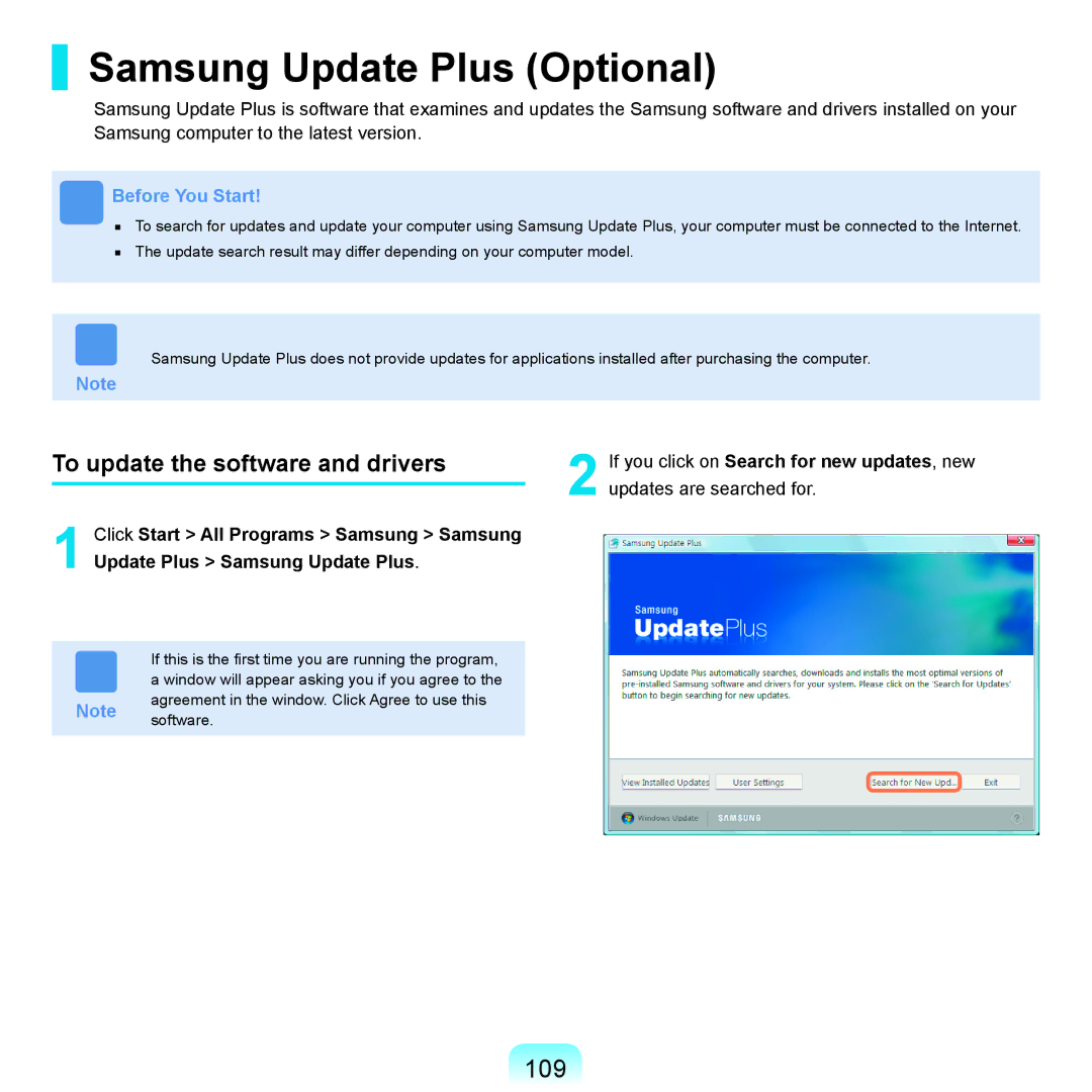 Samsung Q71 manual Samsung Update Plus Optional, 109, To update the software and drivers 