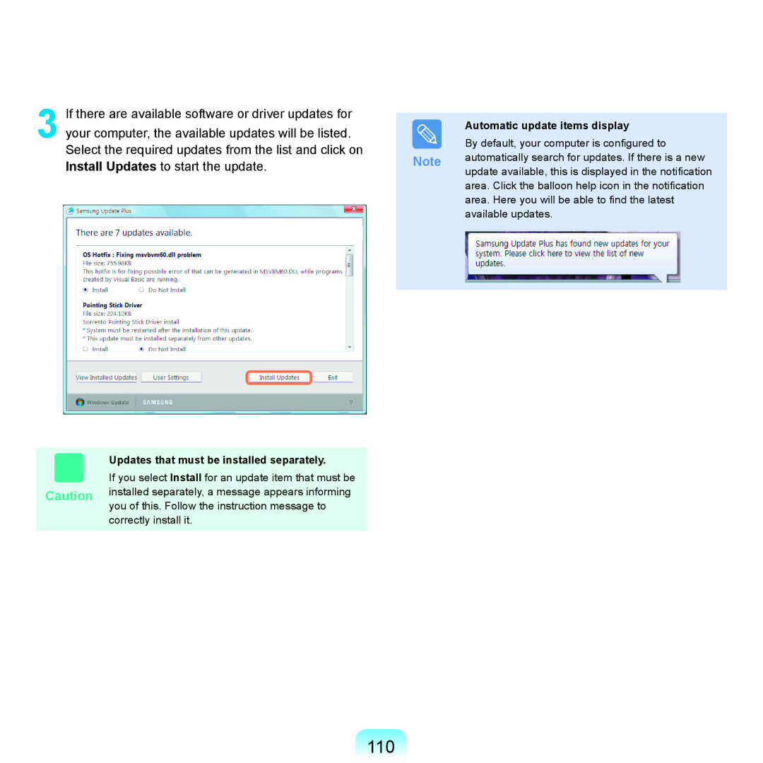 Samsung Q71 manual 110, Automatic update items display, Updates that must be installed separately 